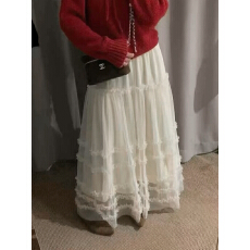 批发春季2026新款韩系<b class='q'>复古</b>木耳边拼接蛋糕裙甜美减龄纱裙长款半身裙