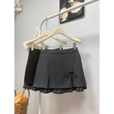 批发实拍 春季新款韩系蝴蝶结开叉甜辣半身裙<b class='q'>格子</b>荷叶边拼接<b class='q'>西装</b>短裙