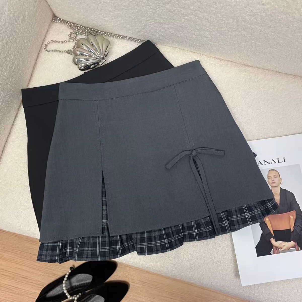 실사 봄 새로운 한 부서 나비 매듭 트임 달콤한 매운맛 반신 스커트 체크무늬 프릴 패치워크 정장 미니 스커트