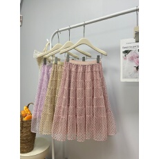 批发实拍 春夏新款法式温柔风仙气波点纱裙半身裙简约拼接蛋糕裙<b class='q'>中裙</b>