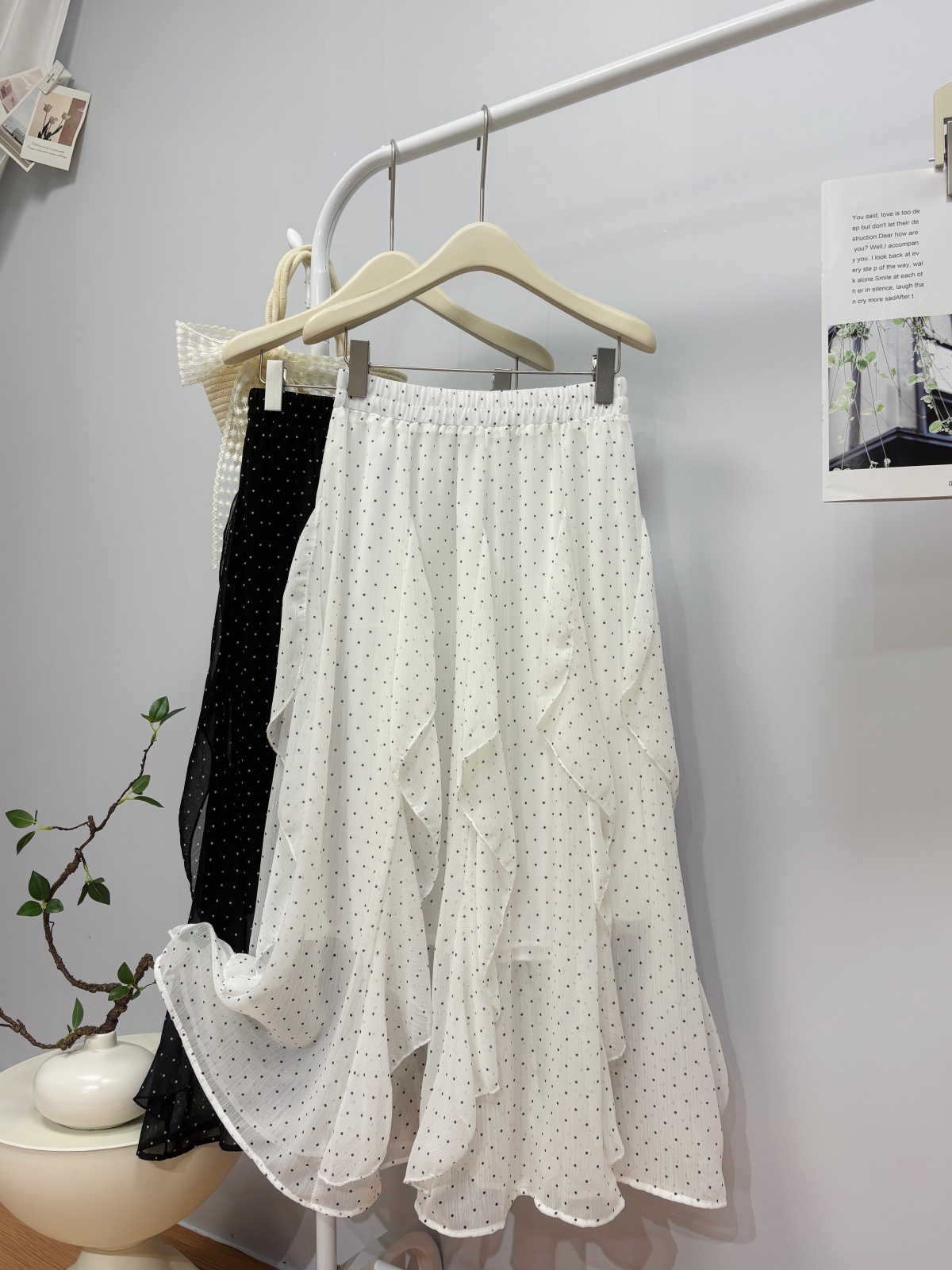 실사 봄 여름 새로운 한 부서 디자인 센스 프릴 패치워크 도트 무늬 반신 스커트 중간 길이 쉬폰 케이크 드레스