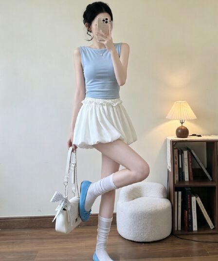 여름 새로운 한 부서 chic 아세트산 광택 구름 꽃밭 반신 스커트 프릴 레이스업 노출 방지 미니 스커트