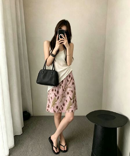 여름 새로운 한 부서 chic 부드러운 바람 세련된 고유 한 다용도 핑크색 꽃무늬 반신 스커트 쉬폰 한 마디 중간 스커트