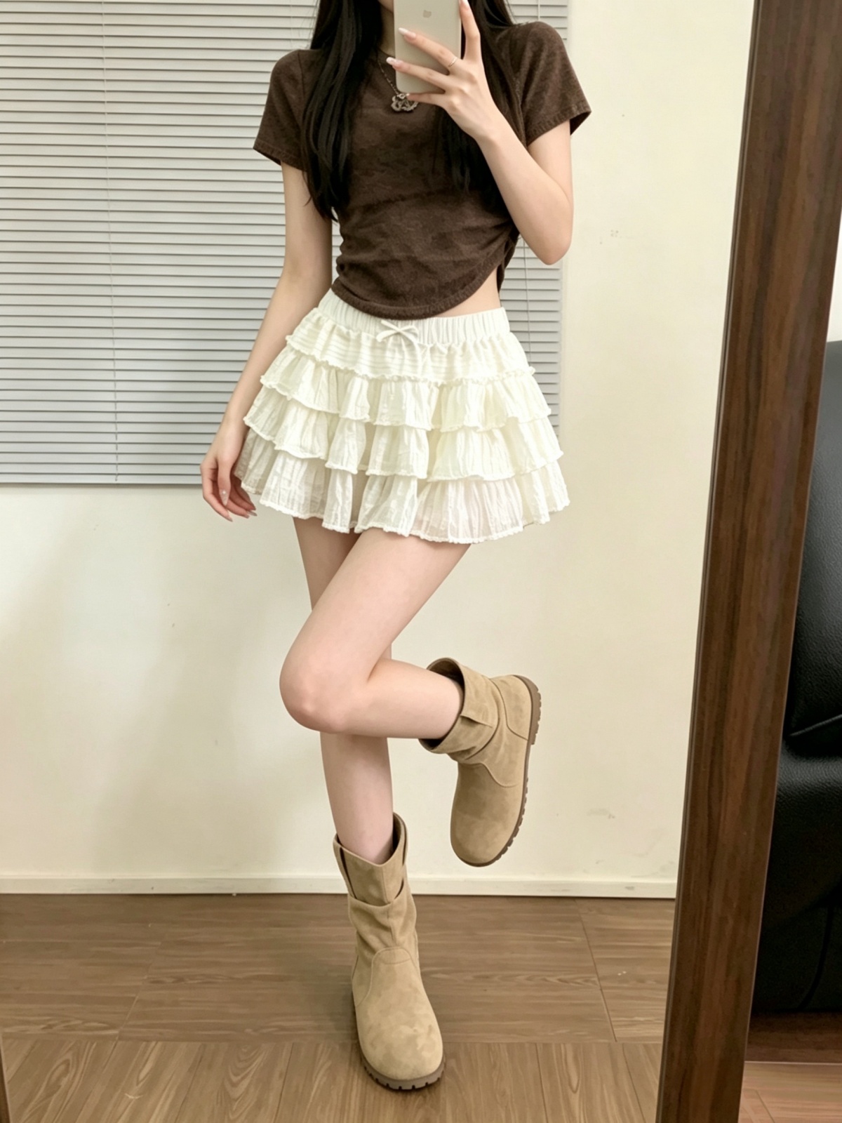 여름 새로운 한 부서 층 프릴 케이크 드레스 달콤함 연령 감소 한 마디 발레 바람 미니 스커트 퍼프 반신 스커트