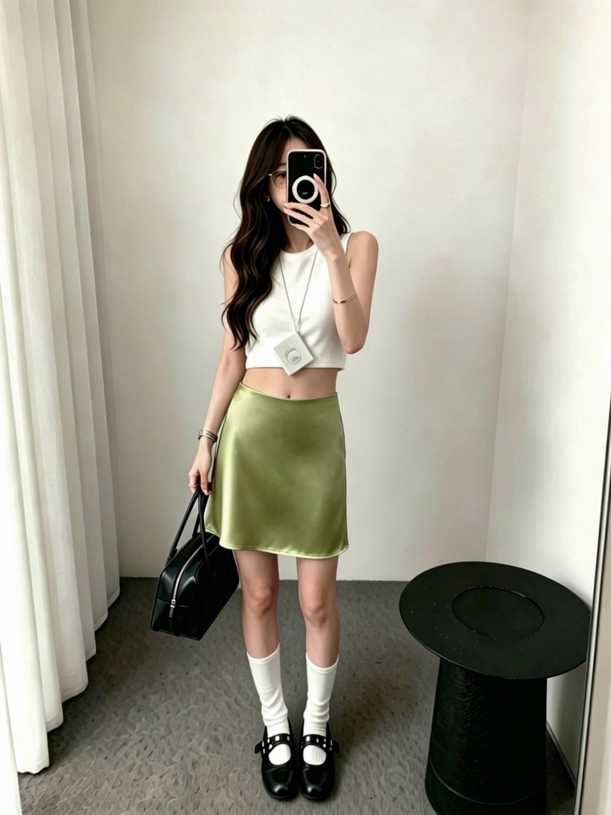 여름 새로운 한 스타일 미니멀리즘 단색 아세트산 광택 반신 스커트 다용도 슬림해 보이는 한 마디 녹색 새틴 미니 스커트