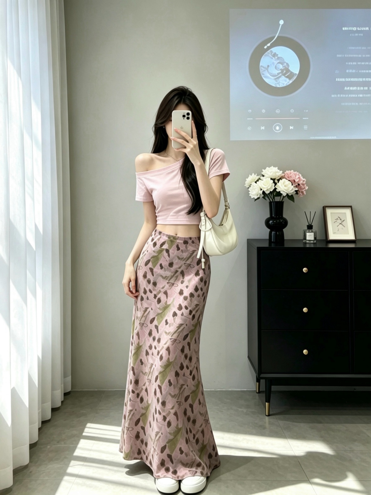 새로운 프랑스식 부드러운 바람 여름 블루 핑크색 길이 연장 디스플레이 높음 슬림해 보이는 반신 스커트 한 마디 꽃무늬 쉬폰 인어 꼬리 스커트