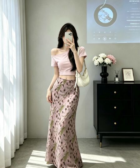 새로운 프랑스식 부드러운 바람 여름 블루 핑크색 길이 연장 디스플레이 높음 슬림해 보이는 반신 스커트 한 마디 꽃무늬 쉬폰 인어 꼬리 스커트