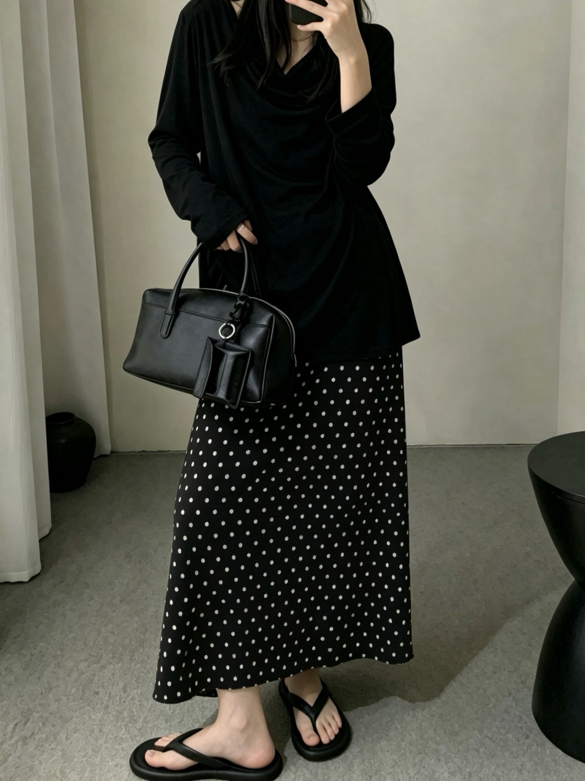 여름 새로운 한 부서 세 하우스 바람 도트 무늬 플리츠 반신 스커트 다용도 슬림해 보이는 중간 길이 이후 트임 스트레이트 치마