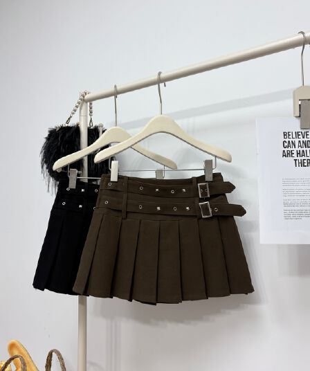 실사 가을 새로운 한국 스타일 더블 벨트 디자인 센스 순수한 욕망 다용도 반신 스커트 달콤한 매운맛 한 마디 플리츠 미니 스커트