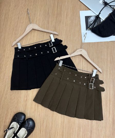 실사 가을 새로운 한국 스타일 더블 벨트 디자인 센스 순수한 욕망 다용도 반신 스커트 달콤한 매운맛 한 마디 플리츠 미니 스커트