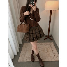 批发秋冬季新款蕾丝花边拼接鹿皮绒半身裙韩系<b class='q'>甜美</b>减龄蛋糕裙短裙