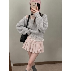 批发秋冬新款韩系少女超甜减龄针织半身裙毛球系带防走光a字百褶短裙