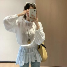 批发仿天丝舒适荷叶边花苞袖收腰设计休闲<b class='q'>长袖</b>衬衫上衣宽松衬衫