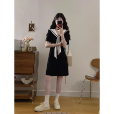 批发学院风海军领黑色a字连衣裙女法式气质设计感收腰显瘦泡泡袖短裙