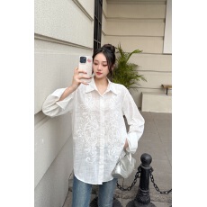 批发法式重工刺绣白色亚麻防晒衬衫女夏季薄款透气宽松休闲棉麻上衣潮