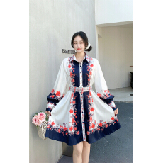 批发早秋穿搭复古甜美印花<b class='q'>灯笼</b>袖连衣<b class='q'>裙</b>女休闲宽松绑带收腰衬衫中长<b class='q'>裙</b>