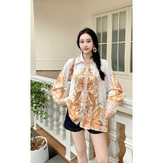 批发闪钻印花<b class='q'>衬衫</b>女装2026夏季复古百搭宽松欧美风中长款翻领长袖上衣