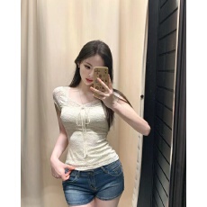 批发实拍实价 蕾丝气质小白花纯欲性感上衣收腰显瘦<b class='q'>短袖</b>女春夏