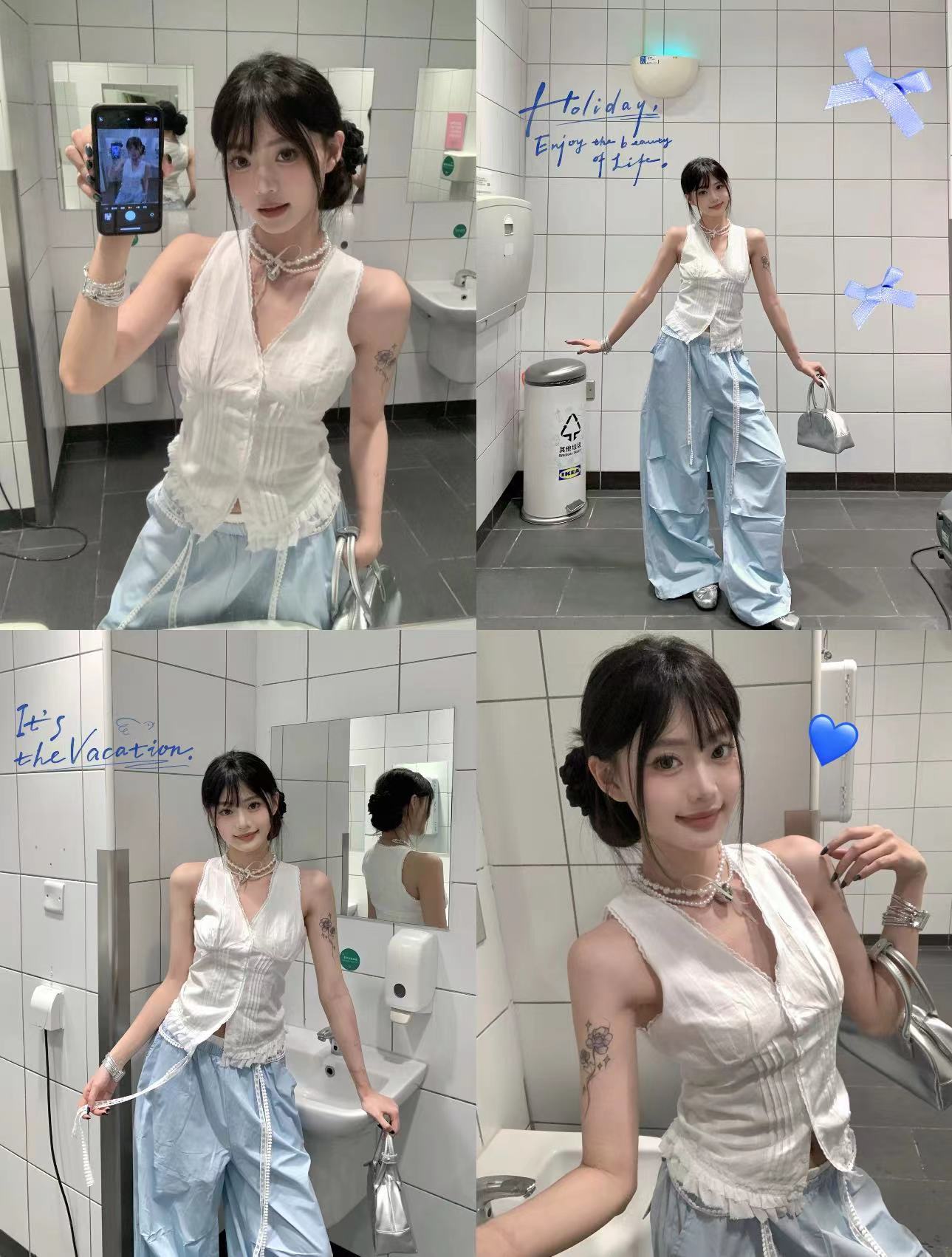 실사 정가 화이트 레이스 몸매 가꾸기 행침 목 맨위 여성 여름 외출용 디자인 센스 슬림해 보이는 민소매 작은 셔츠 여성