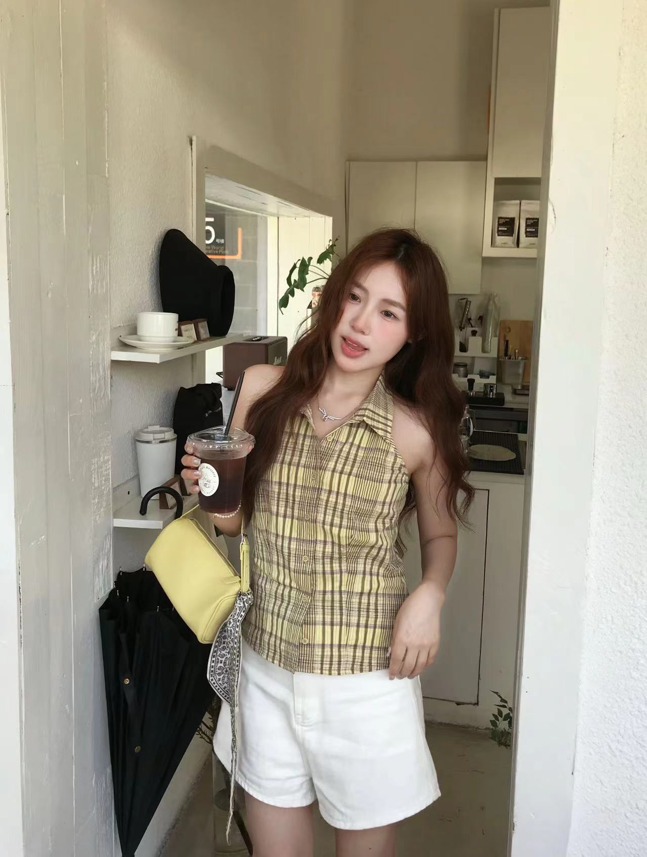 실사 정가 체크무늬 행침 목 작은 셔츠 백리스 민소매 셔츠 맨위 여성 여름 새로운