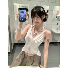 批发实拍实价 夏纯欲性感显瘦拼接蕾丝挂脖辣妹V领<b class='q'>通勤</b>背心女夏