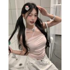批发实拍实价 天丝褶皱<b class='q'>蕾丝</b>系带挂脖吊带背心女夏修身显瘦无袖上衣