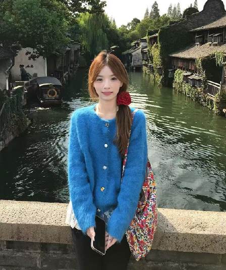 실사 정가 톰 글 래 원인 파란색 니트 오픈 가디건 여성 가을 겨울 새로운 느긋한 바람 루즈핏 외출용 스웨터 코트