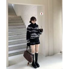 实拍实价 美式复古费尔岛高领毛衣外套针织上衣女+短裤套装