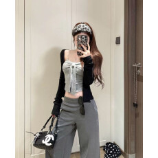 批发实拍实价 早春纯欲性感深灰色抹胸吊带修身开衫女春两件套