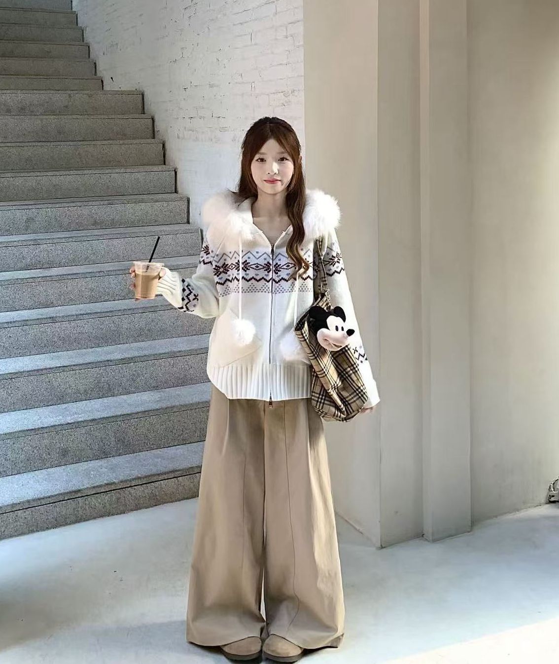 실사 정가 공정한 섬 모피 칼라 후드 니트 오픈 가디건 여성 가을 겨울 한 부서 작은 대중 보온 다용도 짧은 외투
