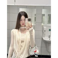 批发someone sometimes原创垂褶交叠网纱假两件丝绒挂脖羊毛针织上衣