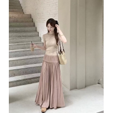 批发实拍实价 针织短袖T恤衫女修身圆领上衣+粉色百褶半身裙女显瘦