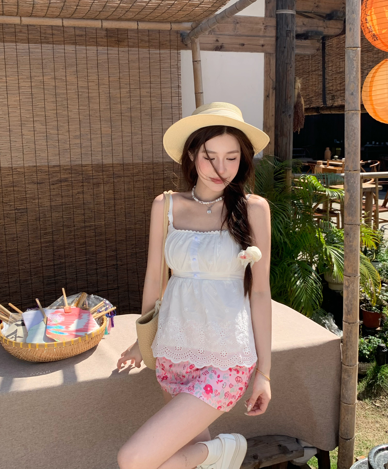 실사 정가 순수한 욕망 캐미솔 맨위 여성 여름 꽃무늬 미니 스커트 로우 웨이스트 A라인 스커트 나만의 것을 가져와 라. 안전 바지