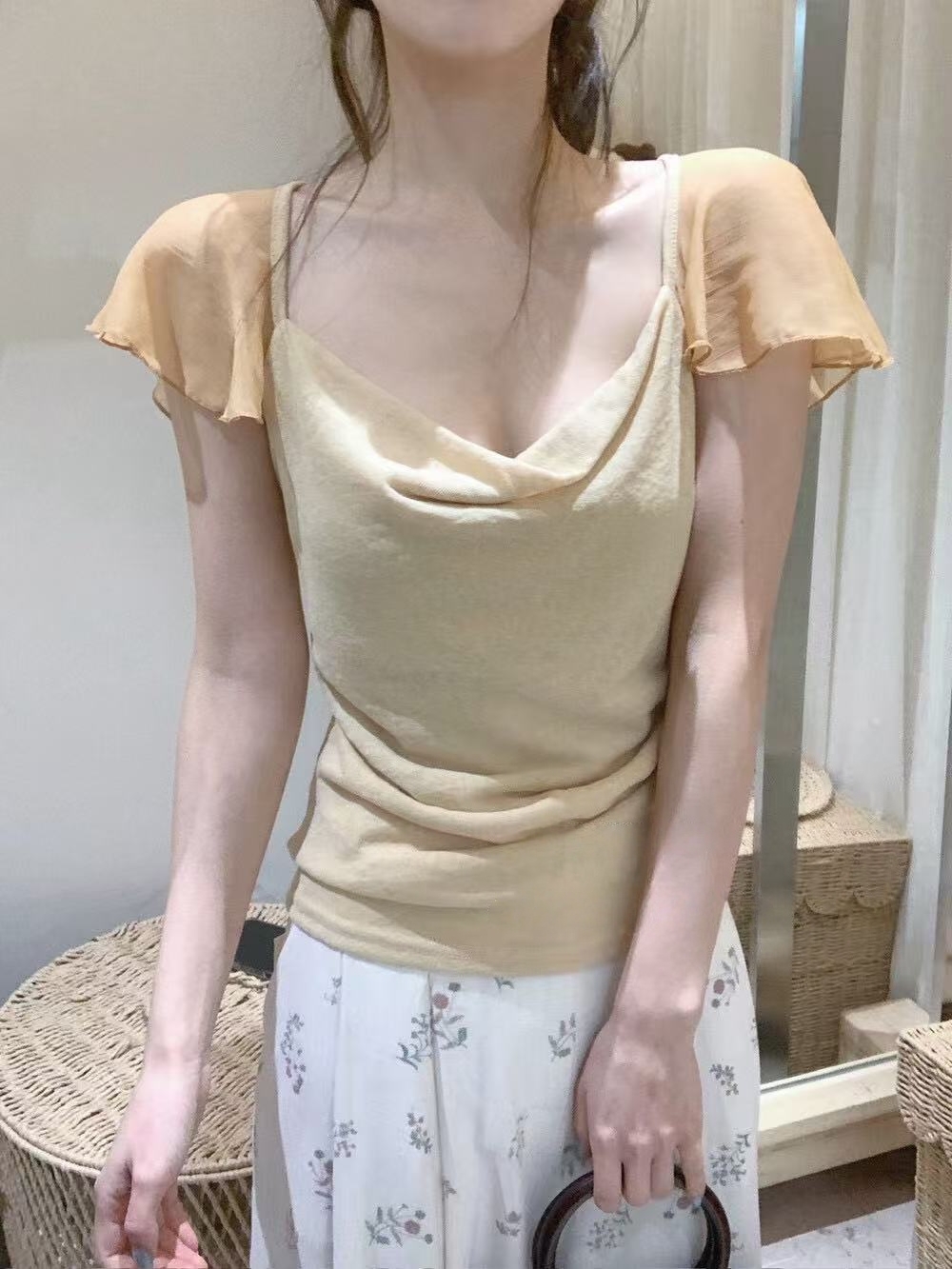 실사 정가 한국 스타일 V넥 레이스 측면 작은 날다 소매 망사 패치워크 시폰 셔츠 여성 여름 루즈핏 맨위
