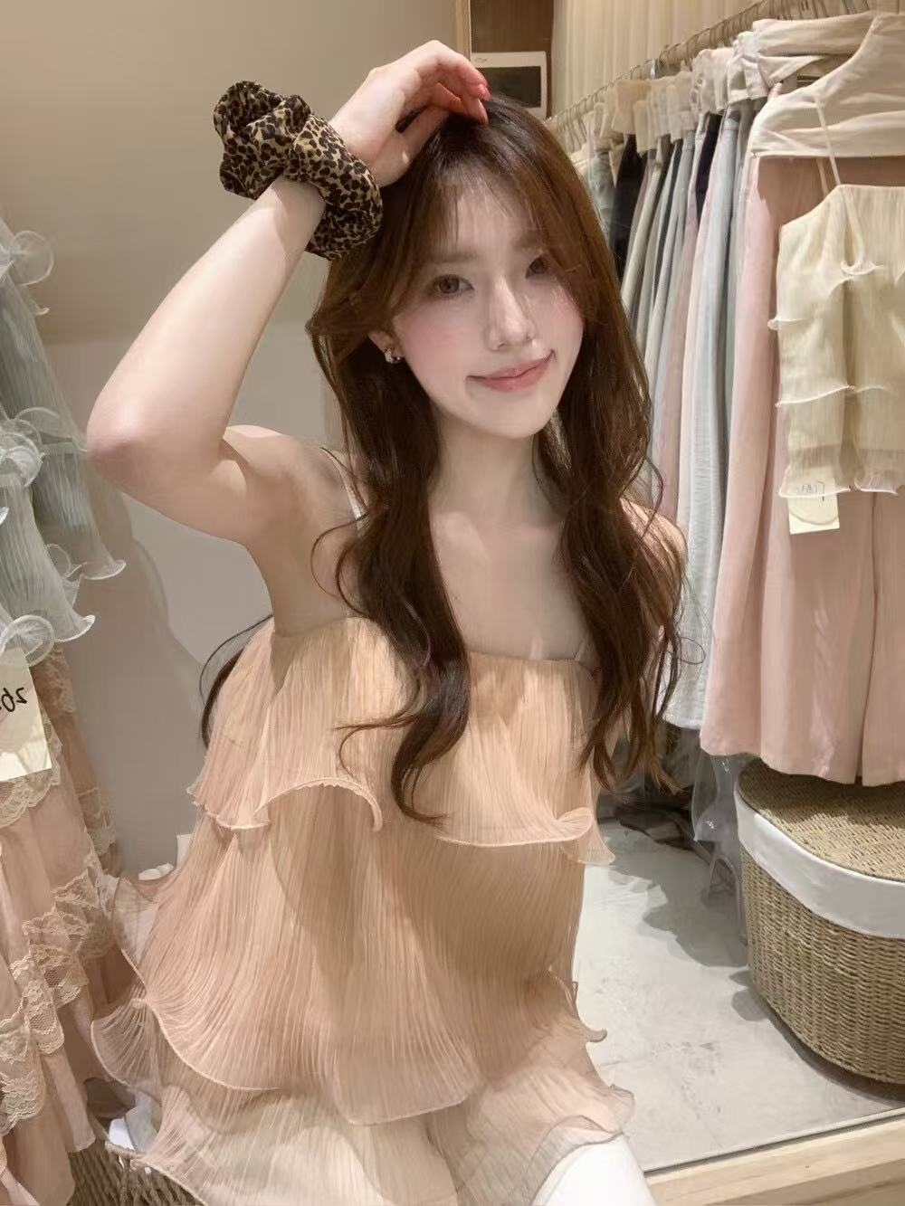 작은 청신 박하 녹색 층 프릴 작은 슬링 조끼 여성 여름 천 금빛 바람 분위기 센스 케이크 맨위