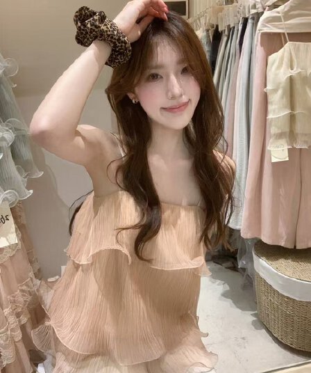 작은 청신 박하 녹색 층 프릴 작은 슬링 조끼 여성 여름 천 금빛 바람 분위기 센스 케이크 맨위