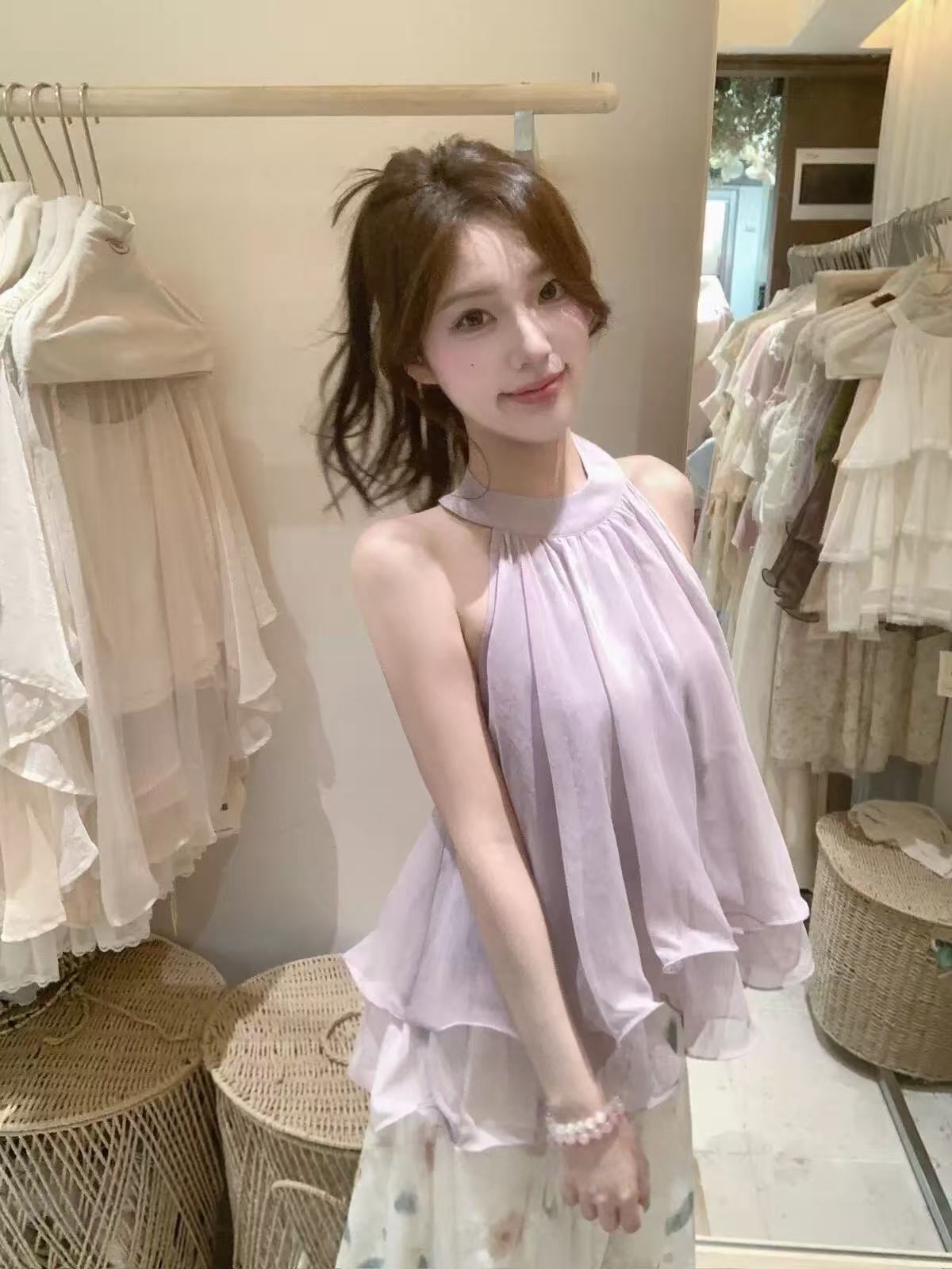 여름 한 부서 순수한 욕망 분위기 센스 프릴 행침 목 작은 셔츠 민소매 백리스 맨위