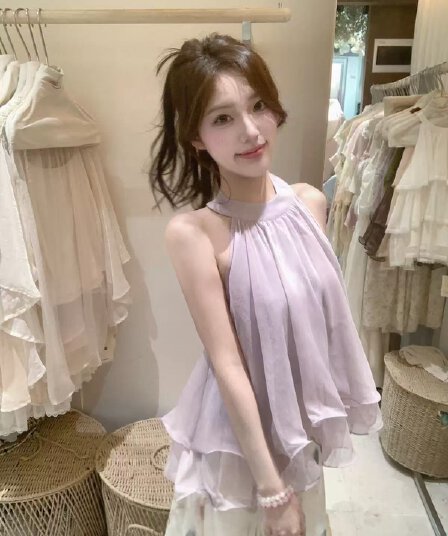 실사 정가 여름 한 부서 순수한 욕망 분위기 센스 프릴 행침 목 작은 셔츠 민소매 백리스 맨위