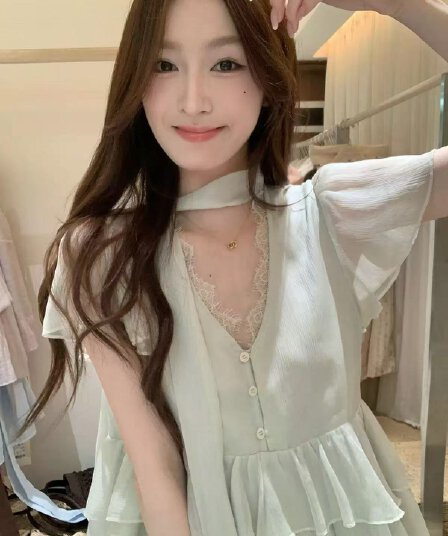 정가 감소되지 않음 한 부서 프릴 레이스 조각 V넥 반팔 여성 셔츠 여름 연령 감소 치마 맨위