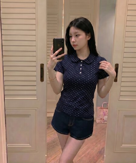 실사 정가 한 부서 베이비 칼라 티셔츠 여름 여성 POLO 칼라 도트 무늬 별 버클 연령 감소 반팔 맨위