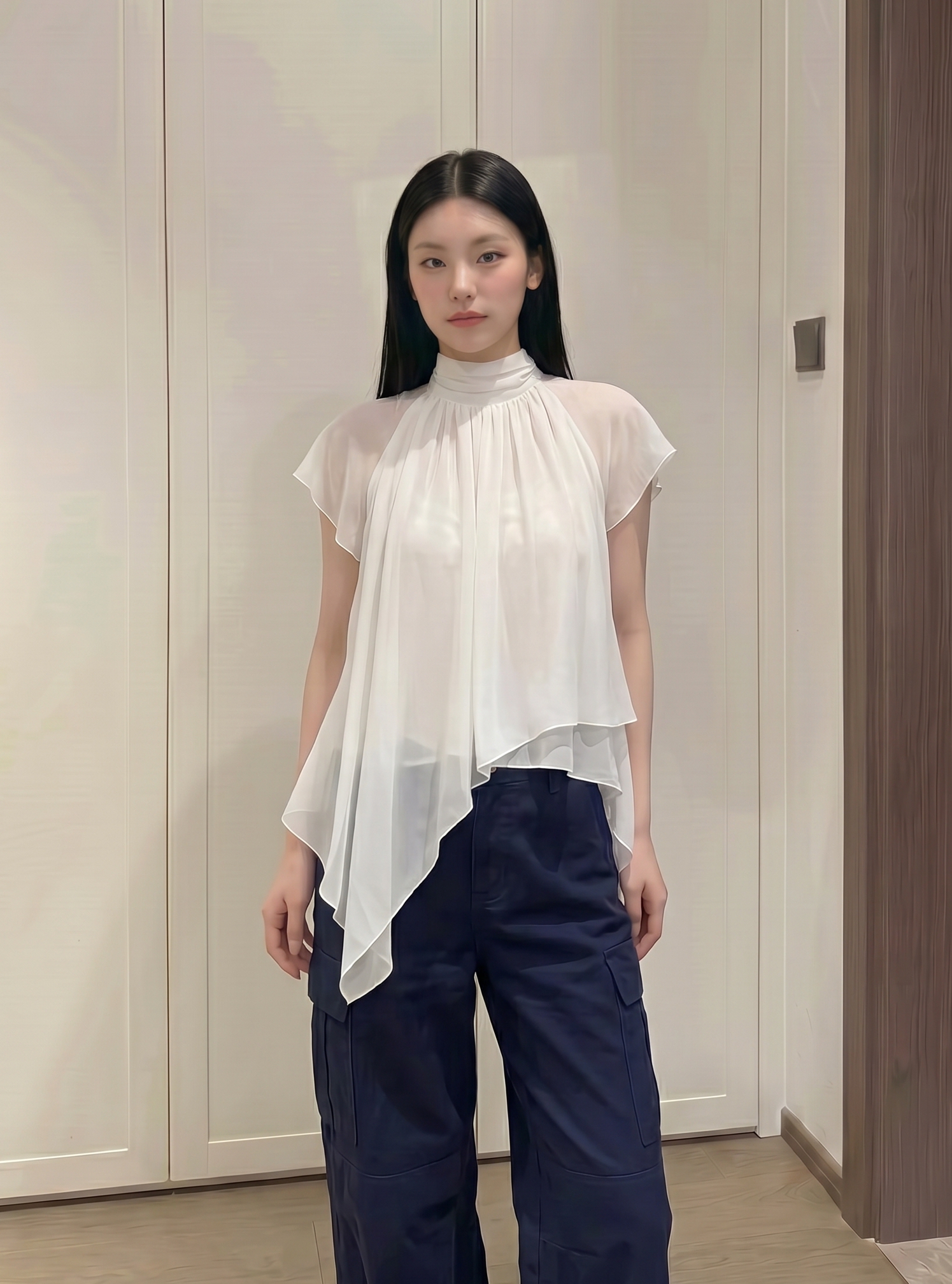 실사 정가 하프 가오 리 칼라 프릴 작은 날다 소매 시폰 셔츠 여성 여름 부드러운 연령 감소 불규칙 맨위 여성