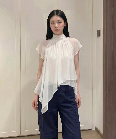 실사 정가 하프 가오 리 칼라 프릴 작은 날다 소매 시폰 셔츠 여성 부드러운 연령 감소 불규칙 맨위 여성