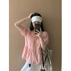 批发实拍实价 韩系少女西柚粉花边泡泡袖娃娃衫减龄甜美<b class='q'>短袖</b>衬衫