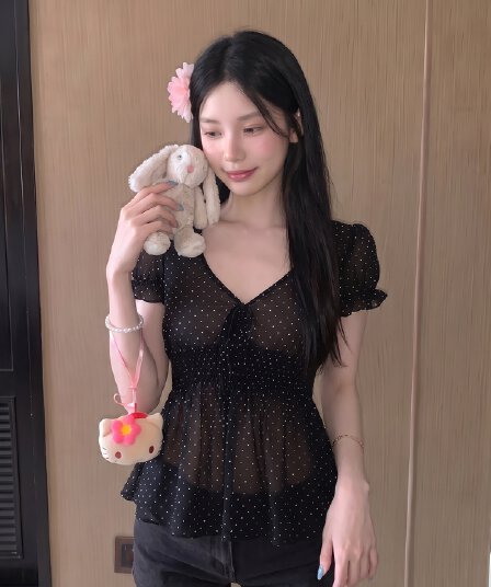 실사 정가 레트로 작은 도트 무늬 하이웨이스트 명중 가져 가라. 가벼움 고대 조기 맛 작은 셔츠 여성