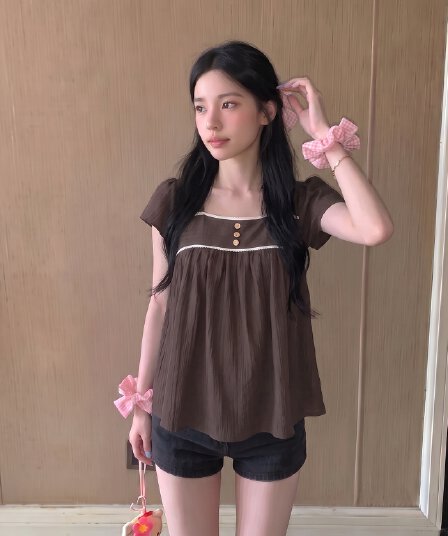 실사 정가 고대 조기 센 부서 나무 버클 레이스 패치워크 질감 센스 반팔 맨위