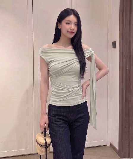 실사 정가 비스듬한 어깨 리본 티셔츠 여성 여름 한 부서 출퇴근 품격 몸매 가꾸기 슬림해 보이는 캐주얼 맨위