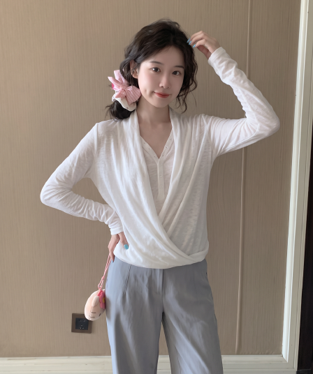 느긋한 종이 사람들 라이 경기 서울 아마 혼방 페이크 레이어드 맨위 여성 도루 흔들다 긴팔 티셔츠 여성