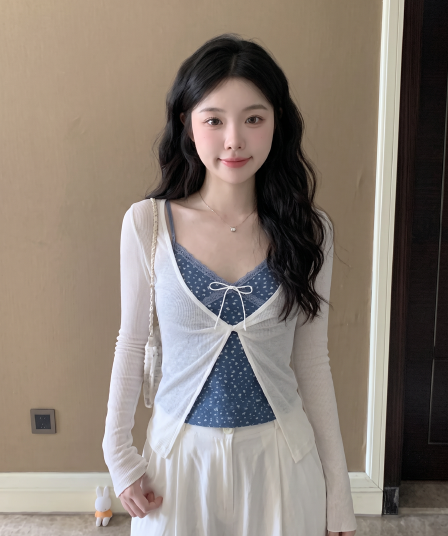 실사 정가 고급 센스 미니멀리즘 다용도 니트 맨위 여성 긴 소매 레이스 조각 꽃무늬 캐미솔