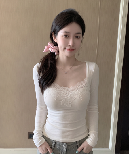 실사 정가 레이스 인사이드 가져 가라. 우아함 광장 칼라 긴팔 기본 셔츠 여성