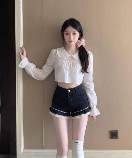실사 정가 파란색 이중층 베이비 칼라 긴팔 여성 셔츠 가을 새로운 이슬 허리 연령 감소 맨위